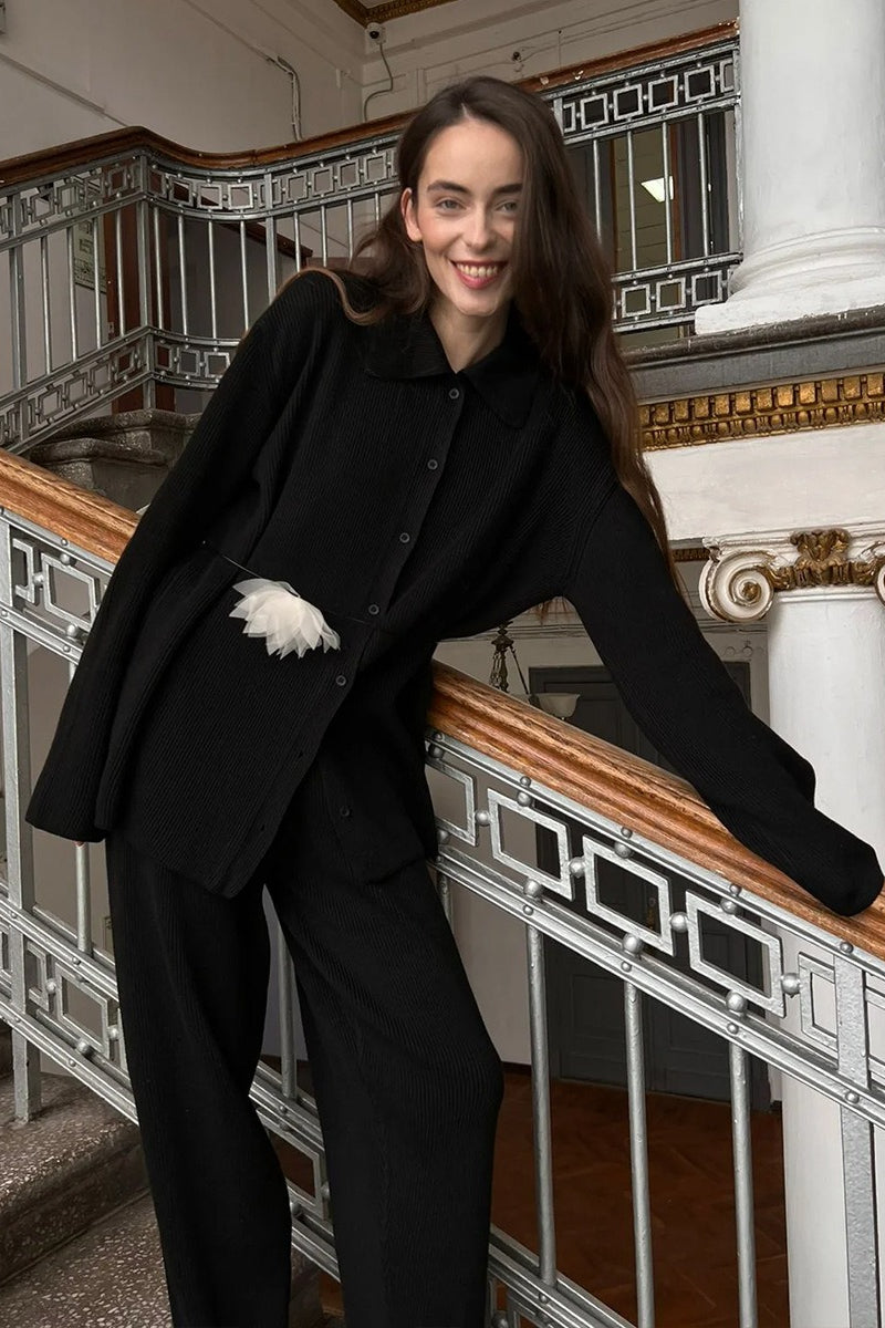 Damen Lounge-Set – Zweiteiliges Ensemble mit Rippkragen & Langarm-Oberteil