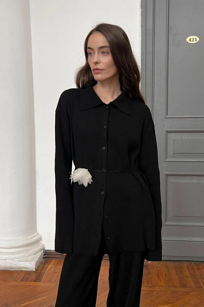Damen Lounge-Set – Zweiteiliges Ensemble mit Rippkragen & Langarm-Oberteil