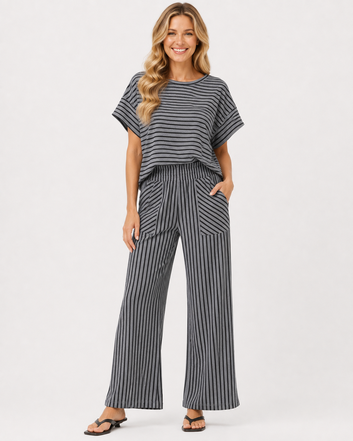Chantal | Neues Damen Freizeit Streifen Zweiteiliges Set