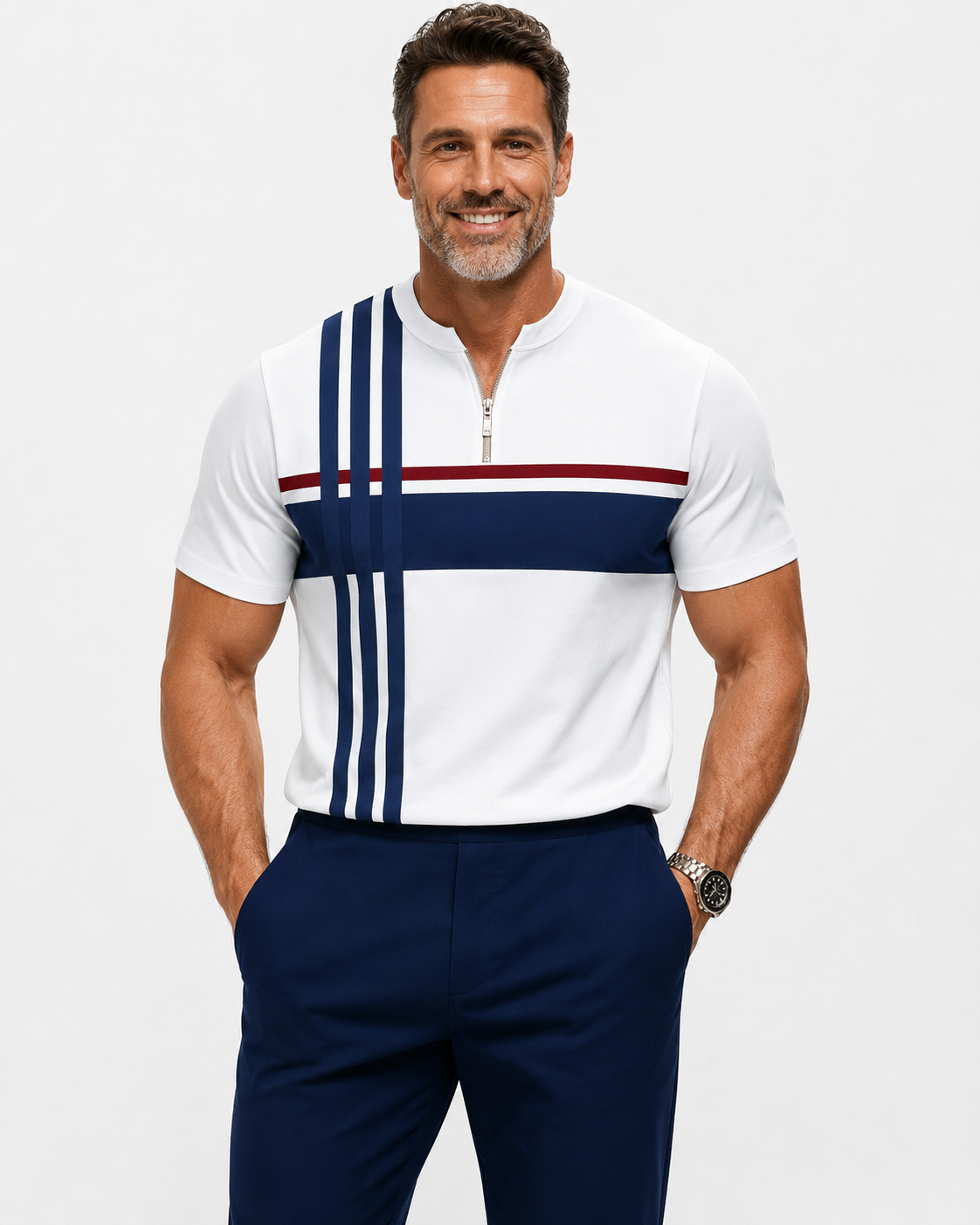 Kaufberg | Herren Geometrisches Zip-Neck Strick-Polo-Shirt