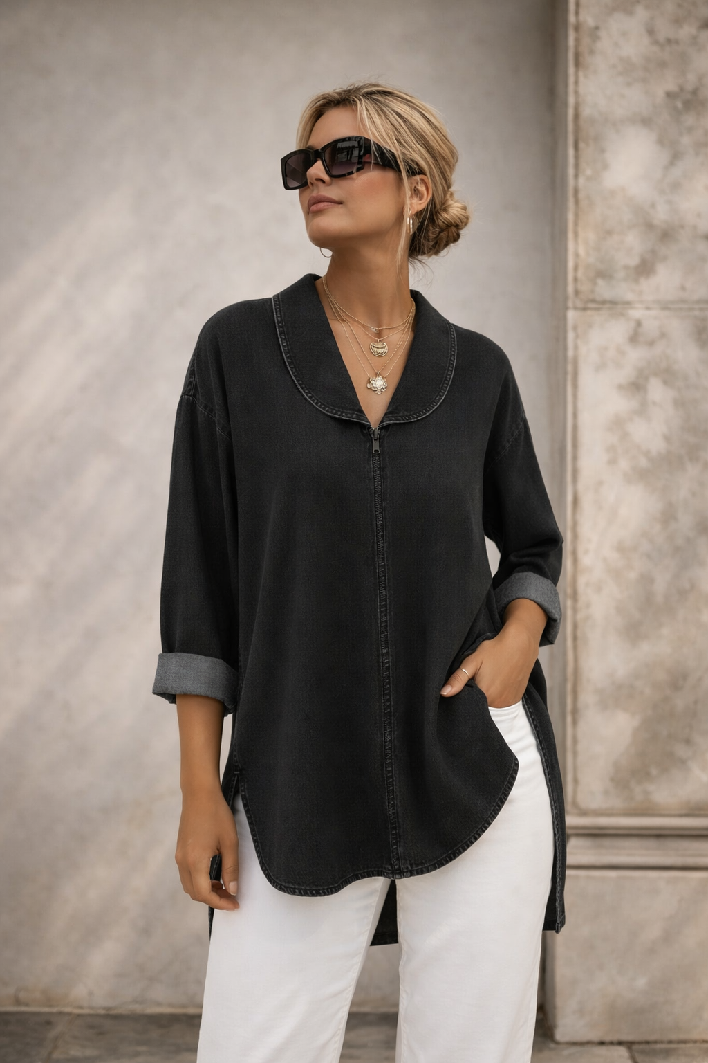 Siraine | Retro Denim Top mit Schalkragen