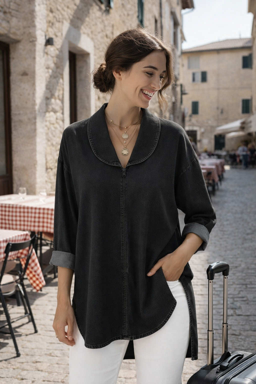Siraine | Retro Denim Top mit Schalkragen