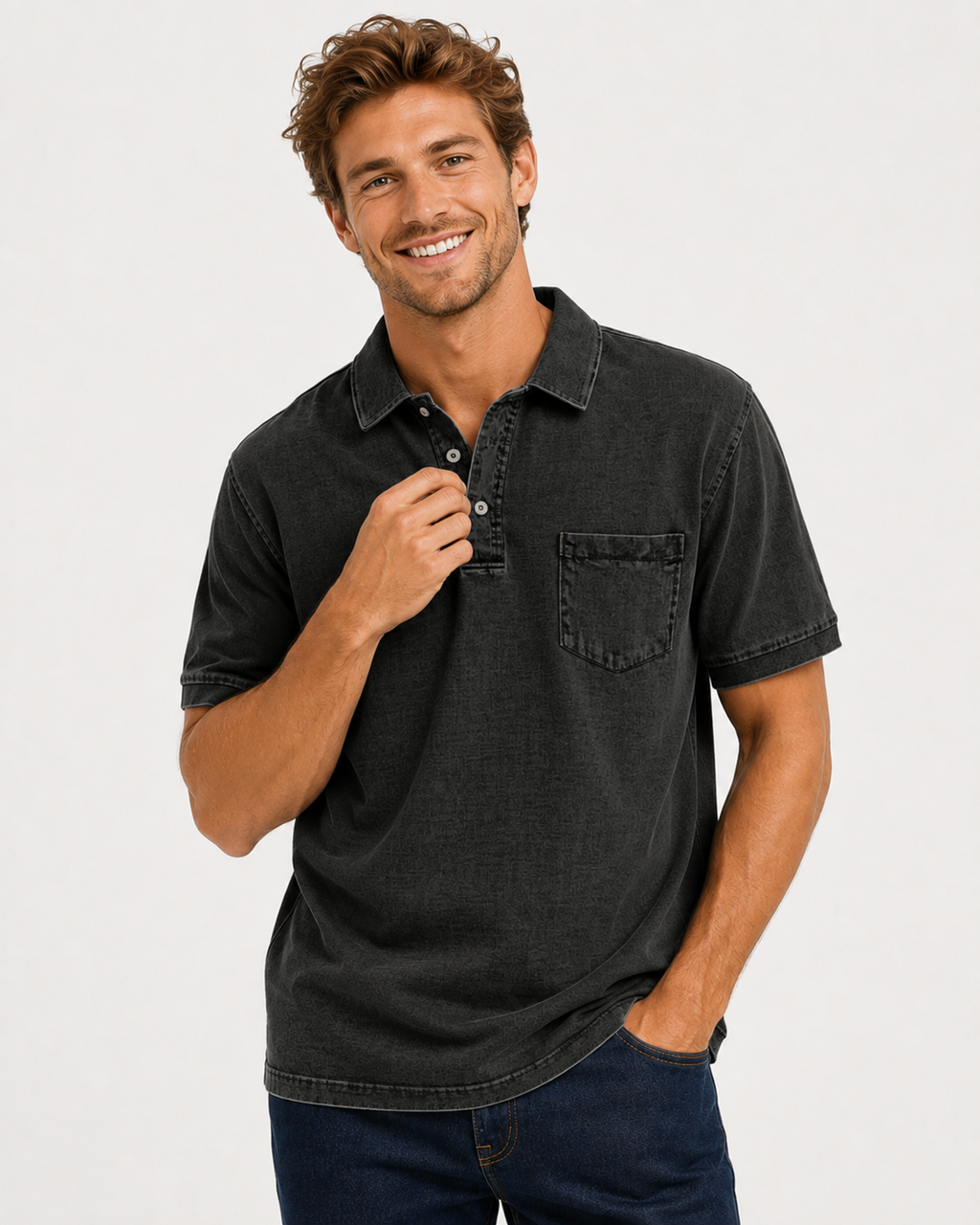 Kaufberg | Herren Baumwoll-Denim Polo mit kurzen Ärmeln