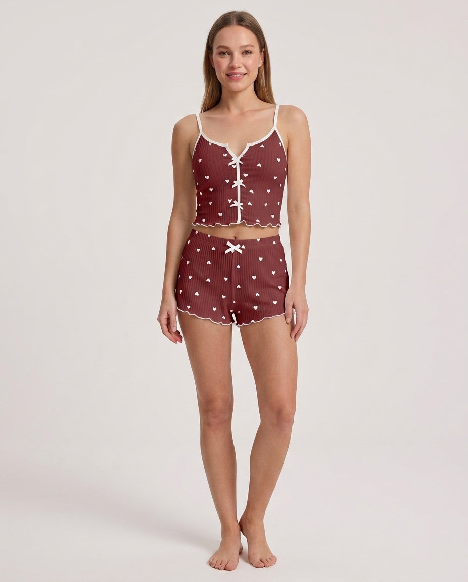 Lauren | Sexy Nachtwäsche Damen Pyjama Set Herz Druck Seide