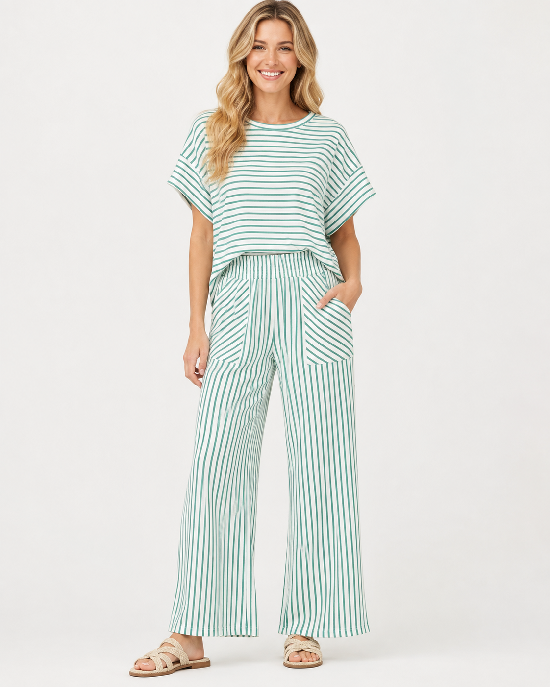 Chantal | Neues Damen Freizeit Streifen Zweiteiliges Set
