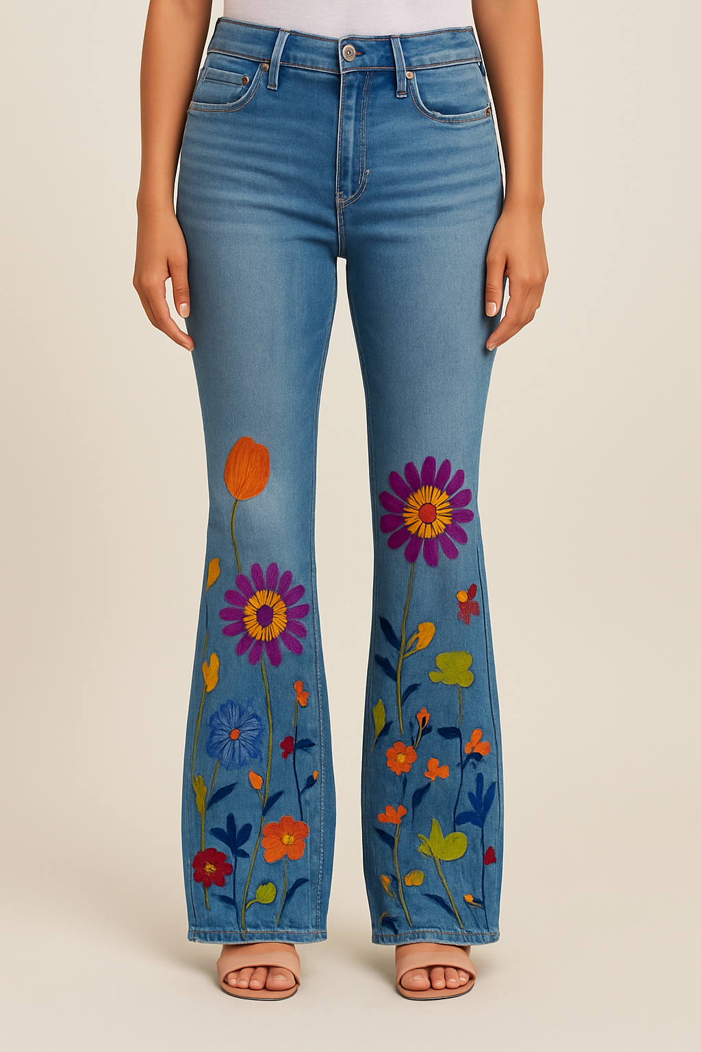 Damen Jeans mit Blumenmuster und hohem Bund für Arbeit & Freizeit