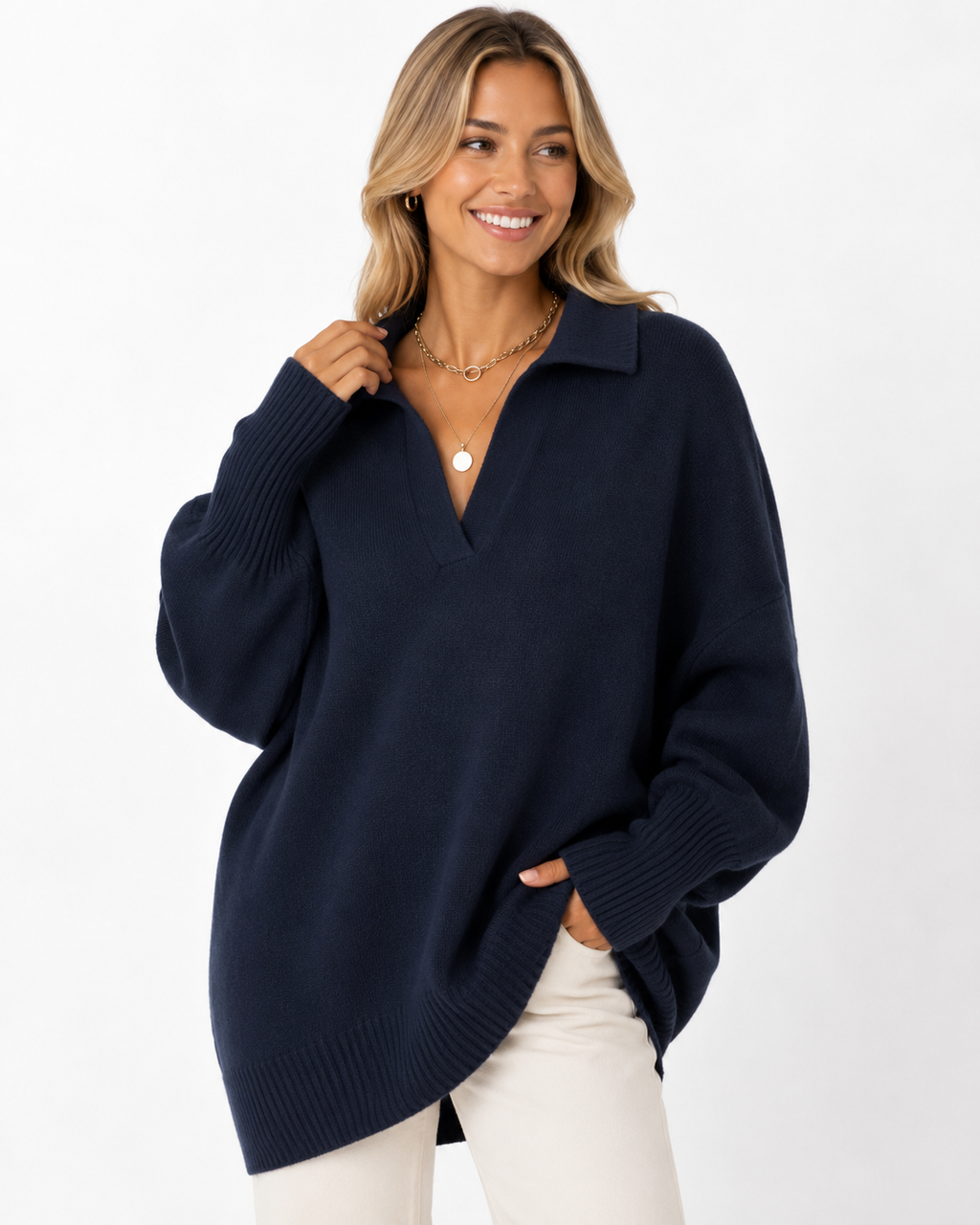 LUNEVIA™ Lockerer Strick-Poncho Pullover | Oversized Damen Crew Neck Sweater