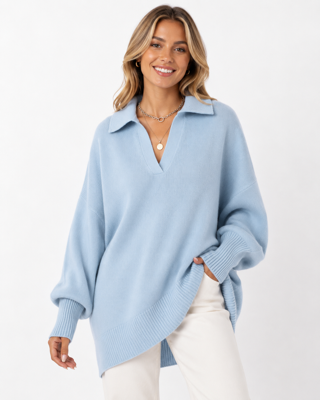 LUNEVIA™ Lockerer Strick-Poncho Pullover | Oversized Damen Crew Neck Sweater