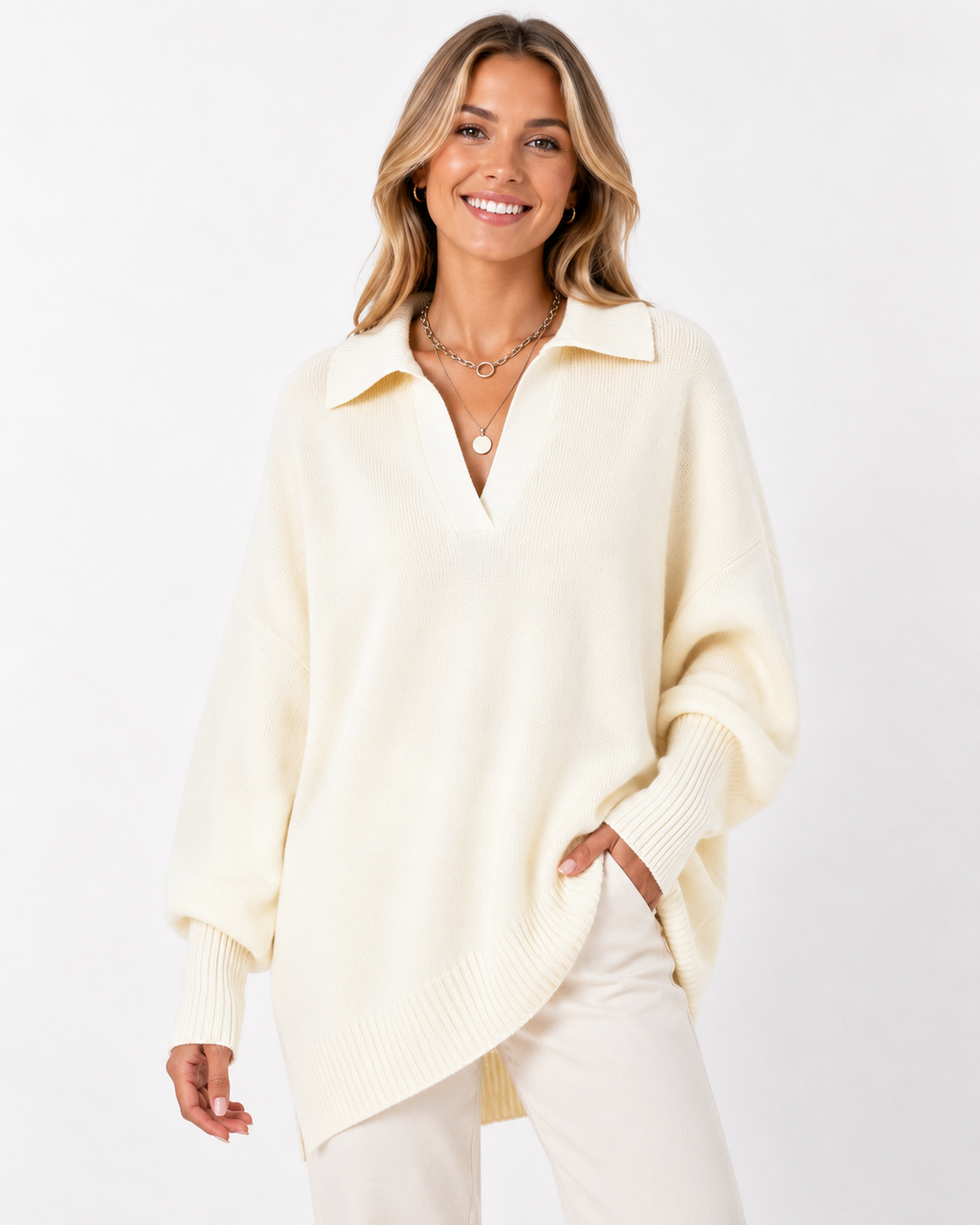 LUNEVIA™ Lockerer Strick-Poncho Pullover | Oversized Damen Crew Neck Sweater