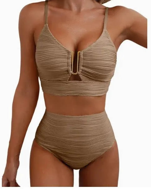 Yara | Bikini V-Ausschnitt Mit Ausschnitten Texturiert Falten Casual Badeanzug