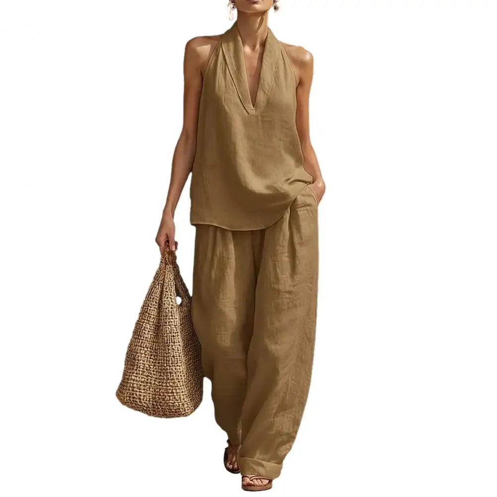 Oriana | Leinen Set mit V-Ausschnitt Top und Hose