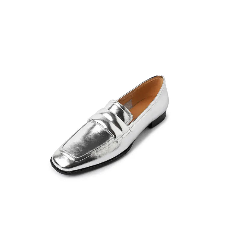 Olive | Echtes Leder Damen Flachschuh Loafer Gold Silber Quadratzehe