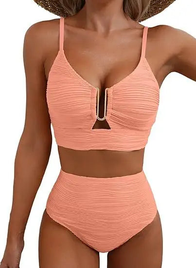 Yara | Bikini V-Ausschnitt Mit Ausschnitten Texturiert Falten Casual Badeanzug