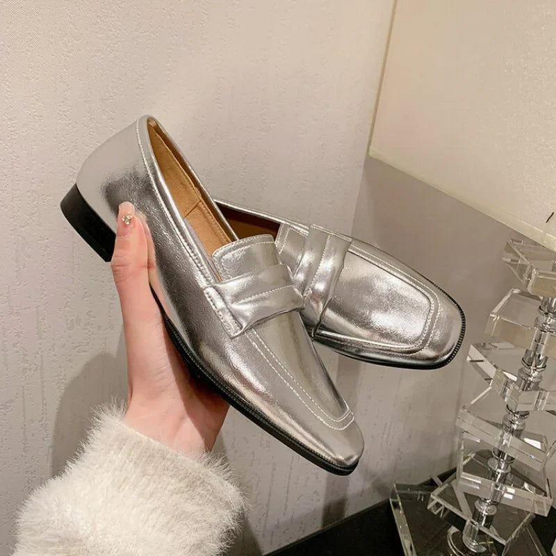 Olive | Echtes Leder Damen Flachschuh Loafer Gold Silber Quadratzehe