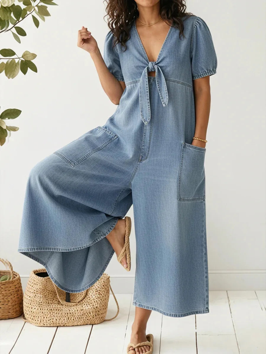 Annalise | Lockere Kurzarm V-Ausschnitt Denim Jumpsuit Damen Hochbund
