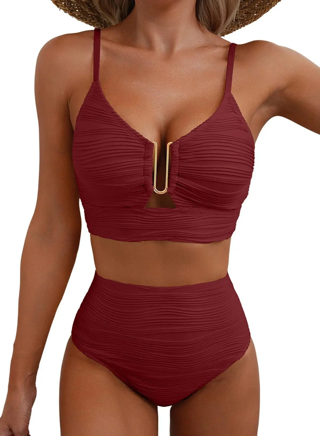 Yara | Bikini V-Ausschnitt Mit Ausschnitten Texturiert Falten Casual Badeanzug