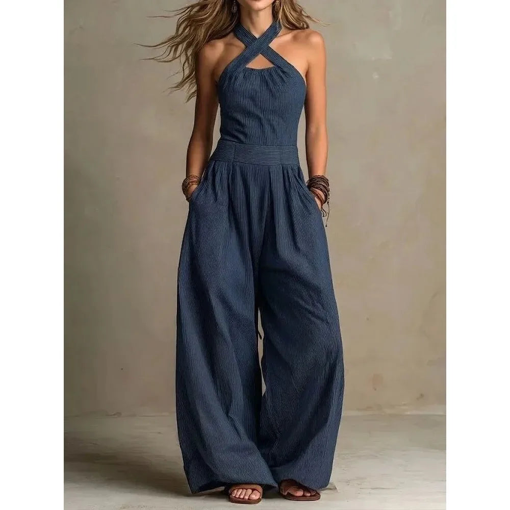 Dakaria | Kreuz Hängender Hals Ausgeschnittene Jumpsuit Kurze Weite Hosen