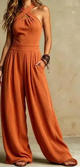 Dakaria | Kreuz Hängender Hals Ausgeschnittene Jumpsuit Kurze Weite Hosen