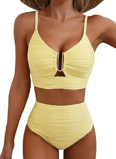 Yara | Bikini V-Ausschnitt Mit Ausschnitten Texturiert Falten Casual Badeanzug