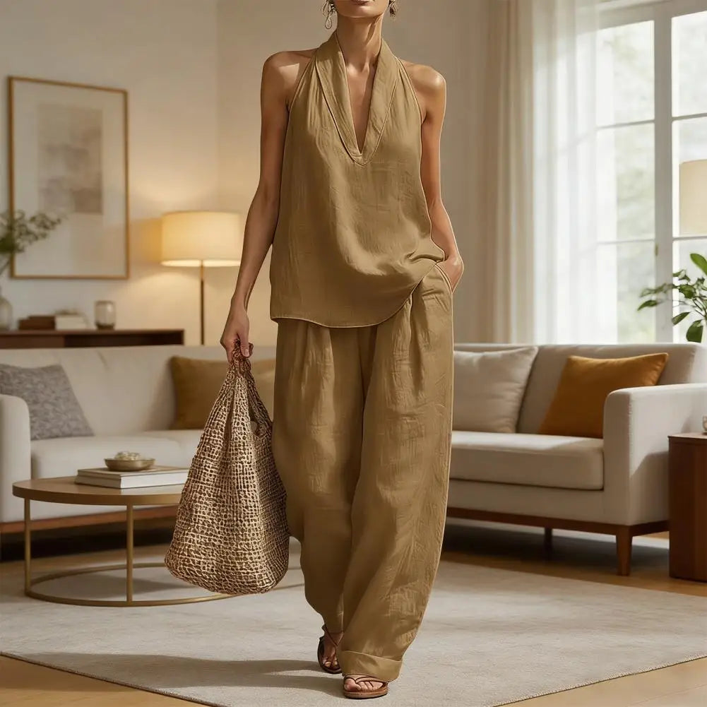 Oriana | Leinen Set mit V-Ausschnitt Top und Hose