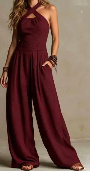 Dakaria | Kreuz Hängender Hals Ausgeschnittene Jumpsuit Kurze Weite Hosen