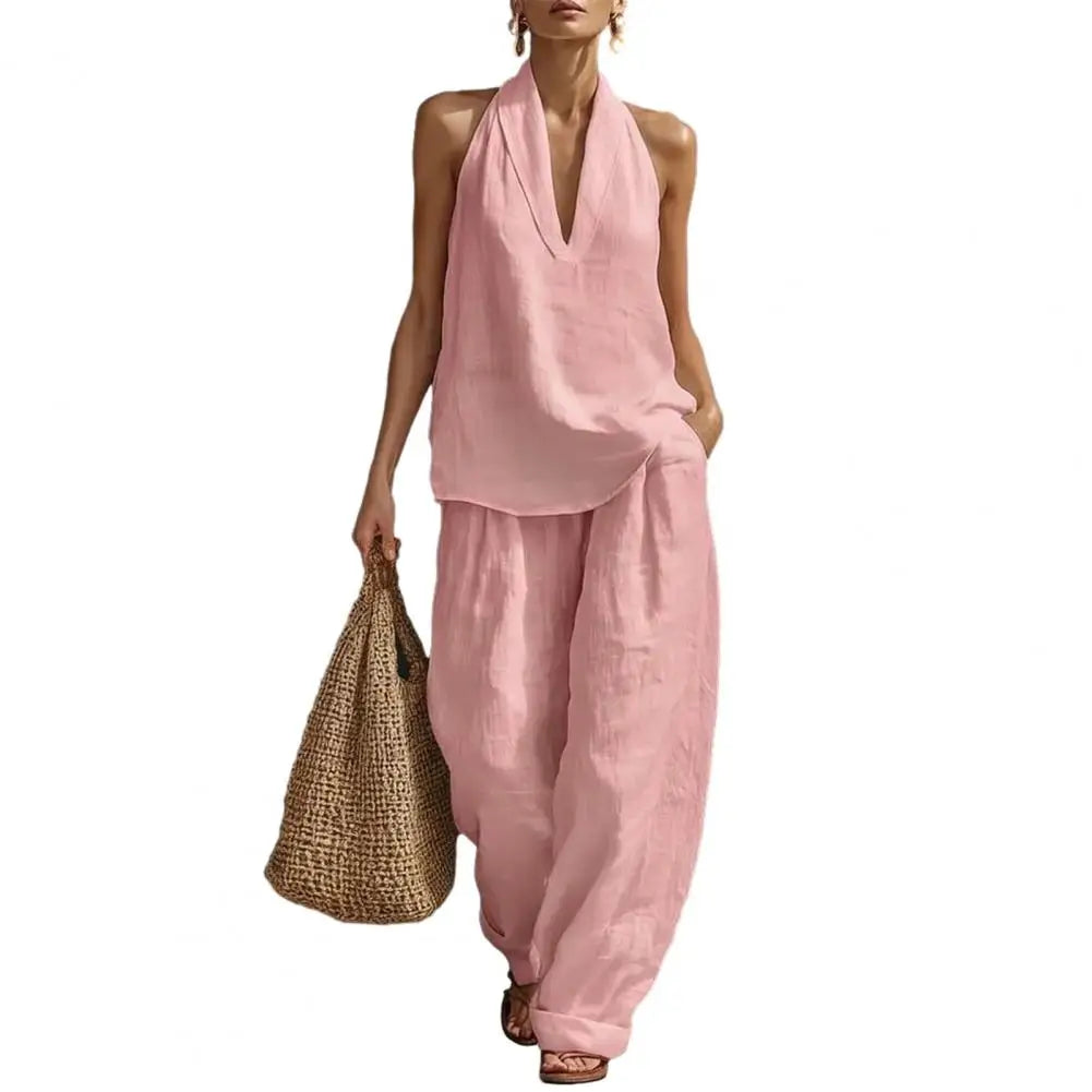 Oriana | Leinen Set mit V-Ausschnitt Top und Hose