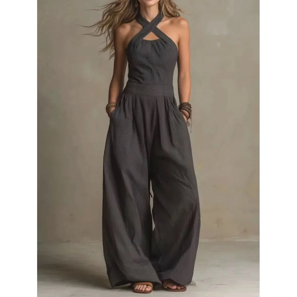 Dakaria | Kreuz Hängender Hals Ausgeschnittene Jumpsuit Kurze Weite Hosen