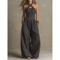 Dakaria | Kreuz Hängender Hals Ausgeschnittene Jumpsuit Kurze Weite Hosen