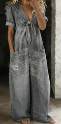 Annalise | Lockere Kurzarm V-Ausschnitt Denim Jumpsuit Damen Hochbund