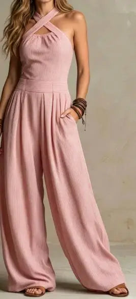 Dakaria | Kreuz Hängender Hals Ausgeschnittene Jumpsuit Kurze Weite Hosen