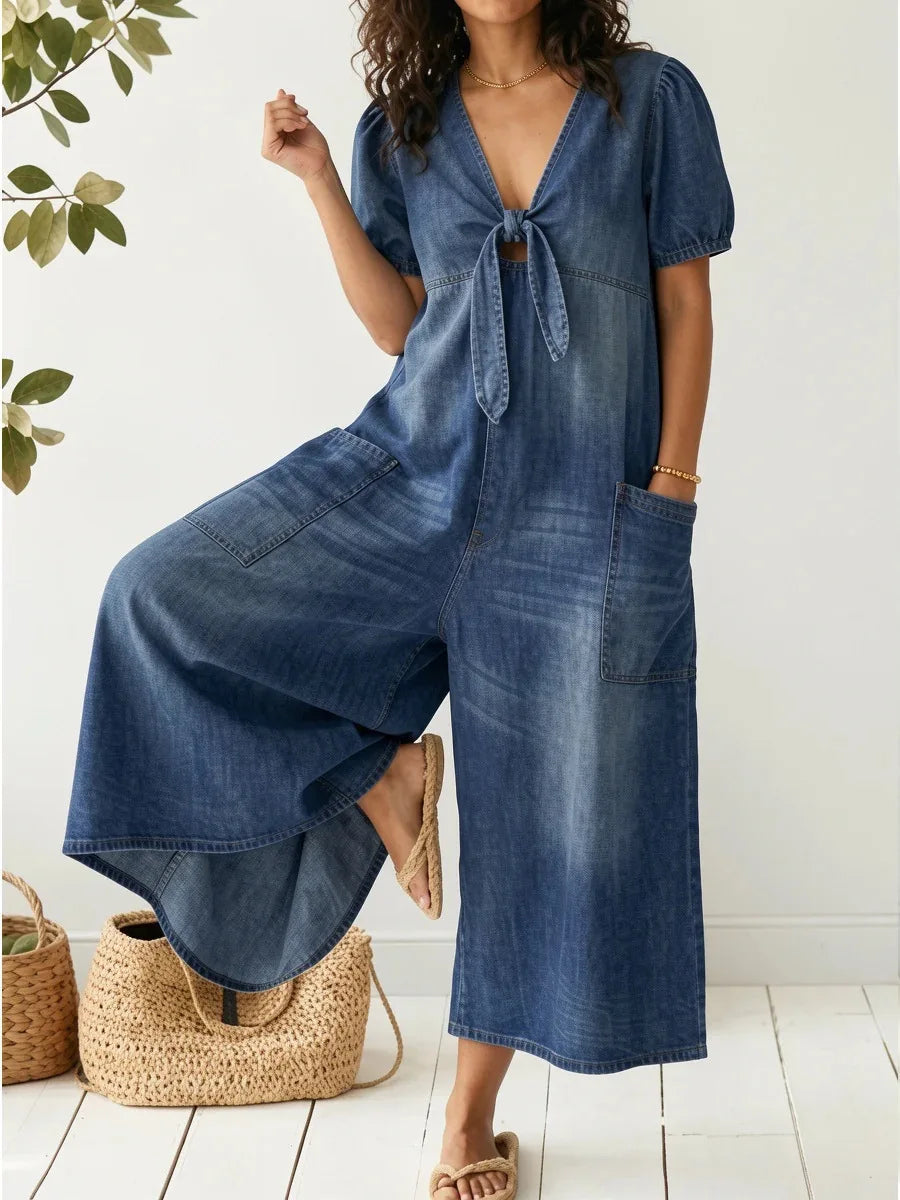 Annalise | Lockere Kurzarm V-Ausschnitt Denim Jumpsuit Damen Hochbund