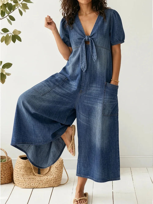 Annalise | Lockere Kurzarm V-Ausschnitt Denim Jumpsuit Damen Hochbund