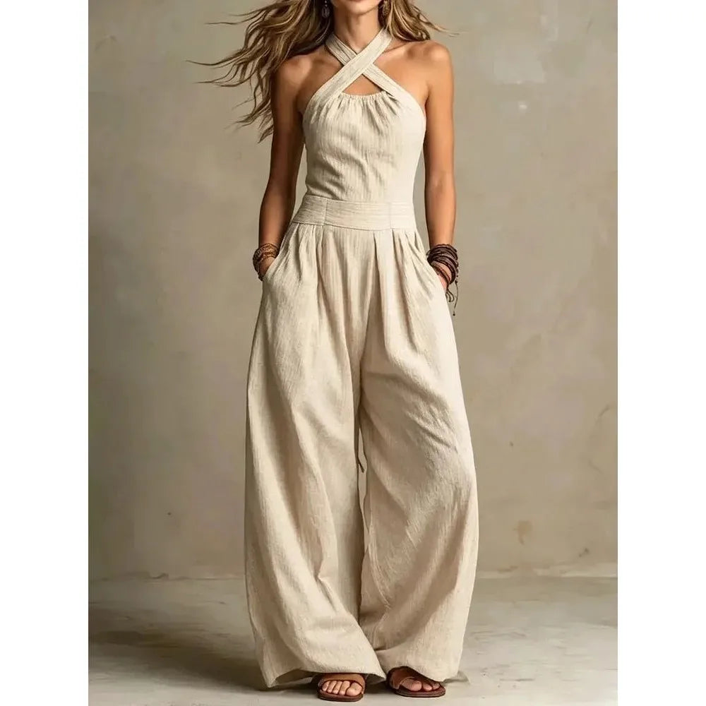 Dakaria | Kreuz Hängender Hals Ausgeschnittene Jumpsuit Kurze Weite Hosen