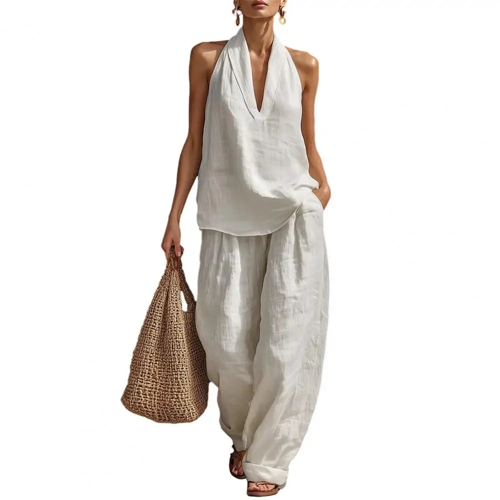 Oriana | Leinen Set mit V-Ausschnitt Top und Hose