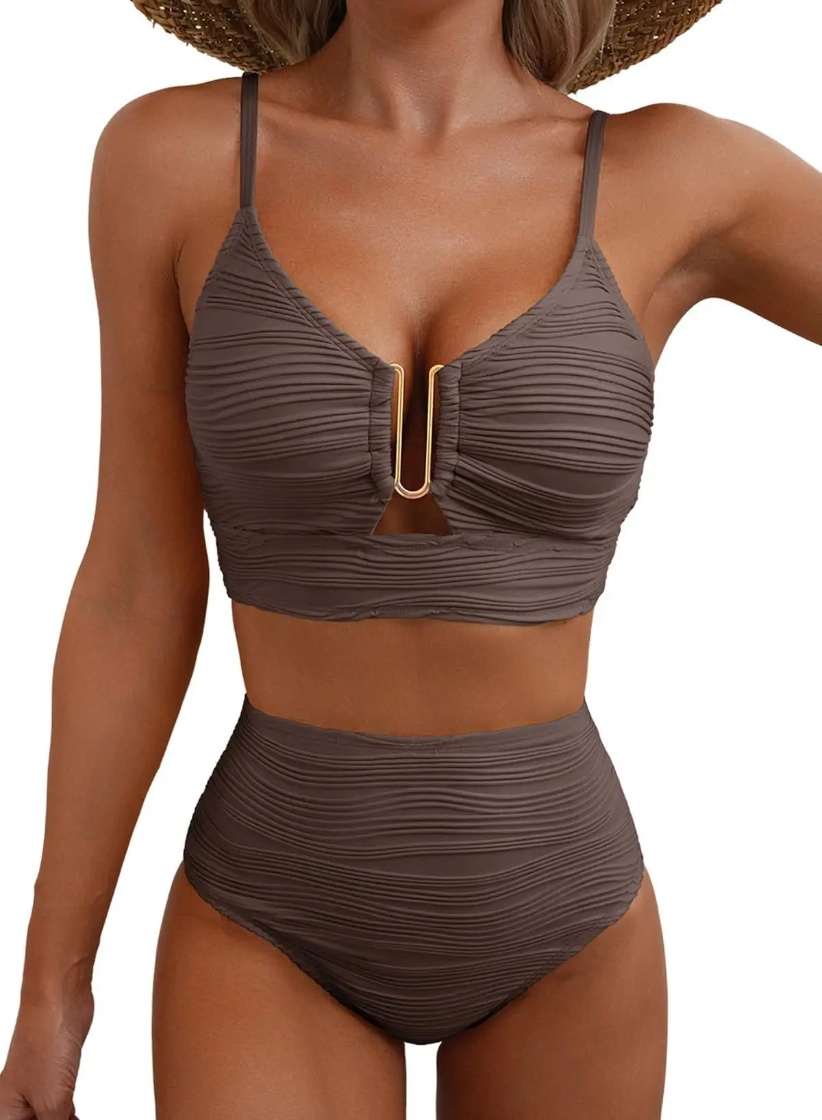 Yara | Bikini V-Ausschnitt Mit Ausschnitten Texturiert Falten Casual Badeanzug