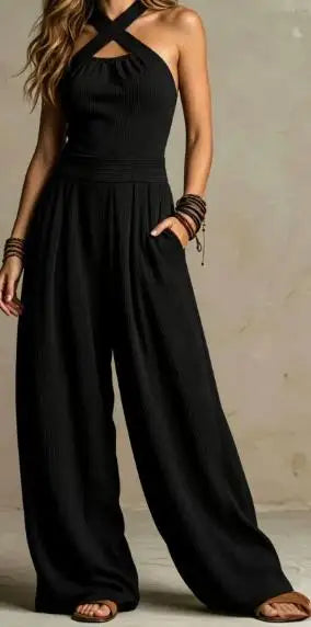 Dakaria | Kreuz Hängender Hals Ausgeschnittene Jumpsuit Kurze Weite Hosen