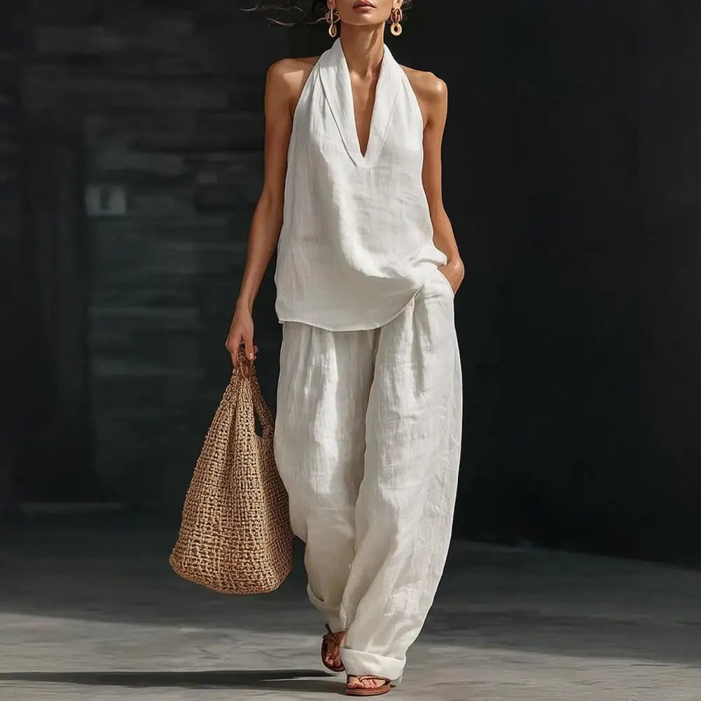 Oriana | Leinen Set mit V-Ausschnitt Top und Hose