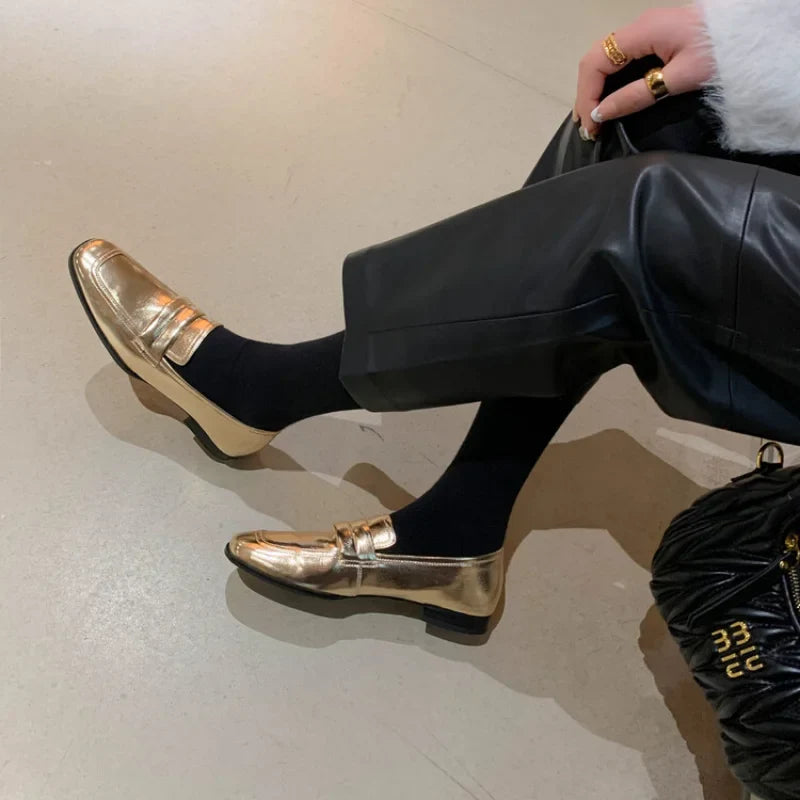 Olive | Echtes Leder Damen Flachschuh Loafer Gold Silber Quadratzehe