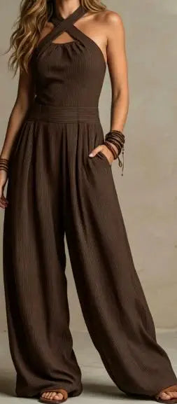Dakaria | Kreuz Hängender Hals Ausgeschnittene Jumpsuit Kurze Weite Hosen