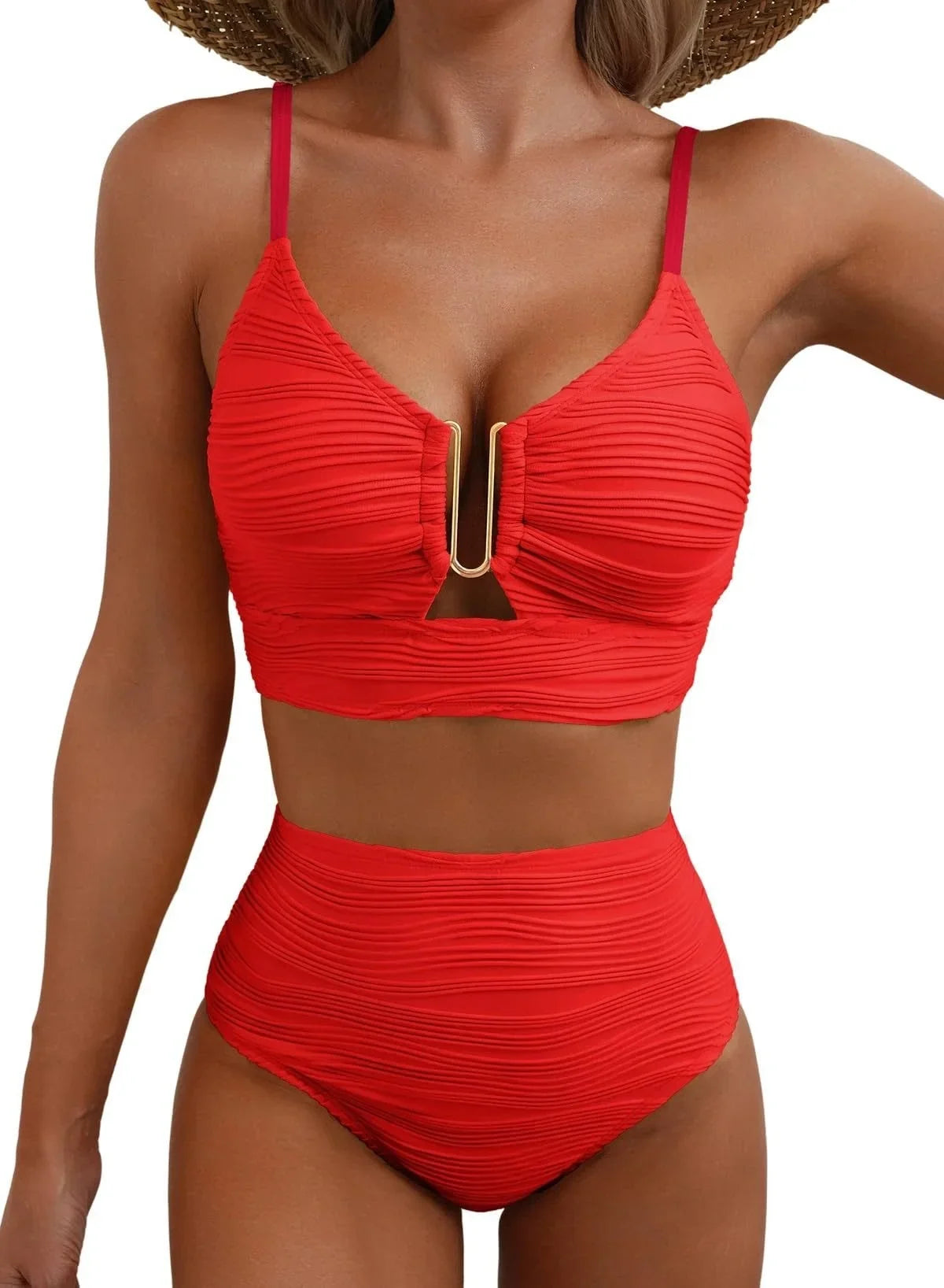 Yara | Bikini V-Ausschnitt Mit Ausschnitten Texturiert Falten Casual Badeanzug