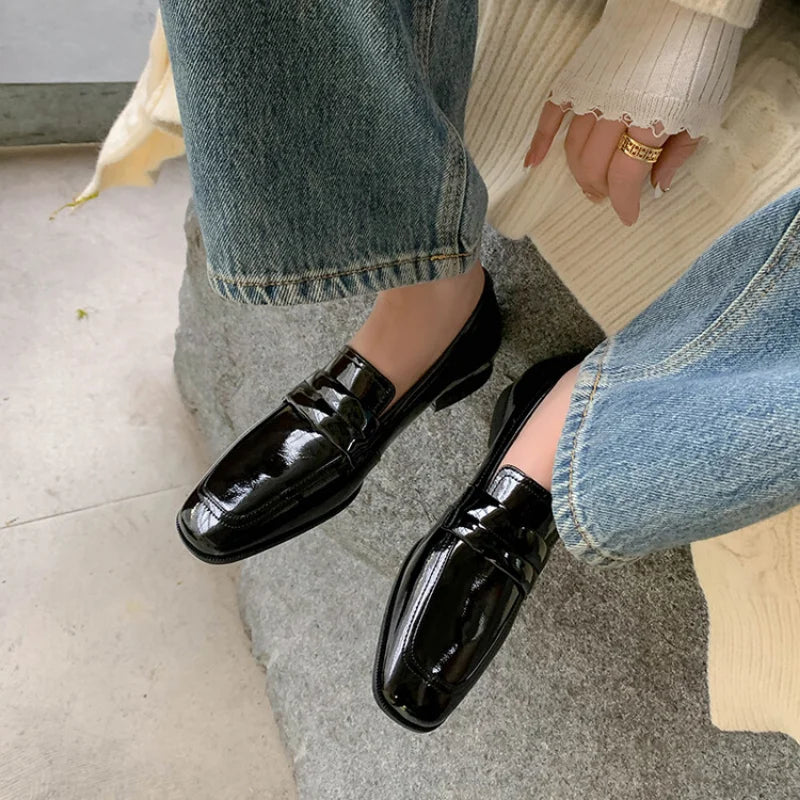Olive | Echtes Leder Damen Flachschuh Loafer Gold Silber Quadratzehe