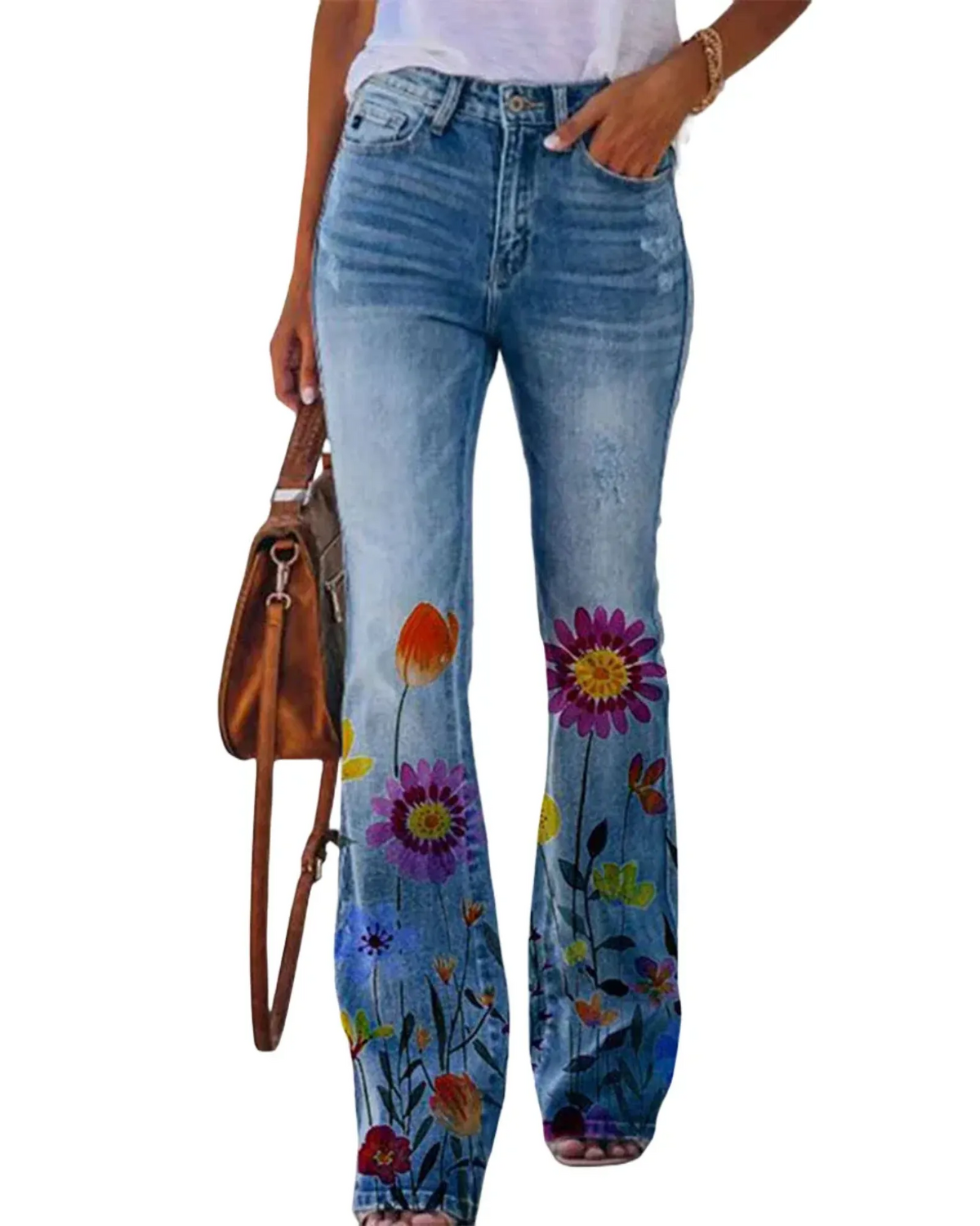 Damen Jeans mit Blumenmuster und hohem Bund für Arbeit & Freizeit