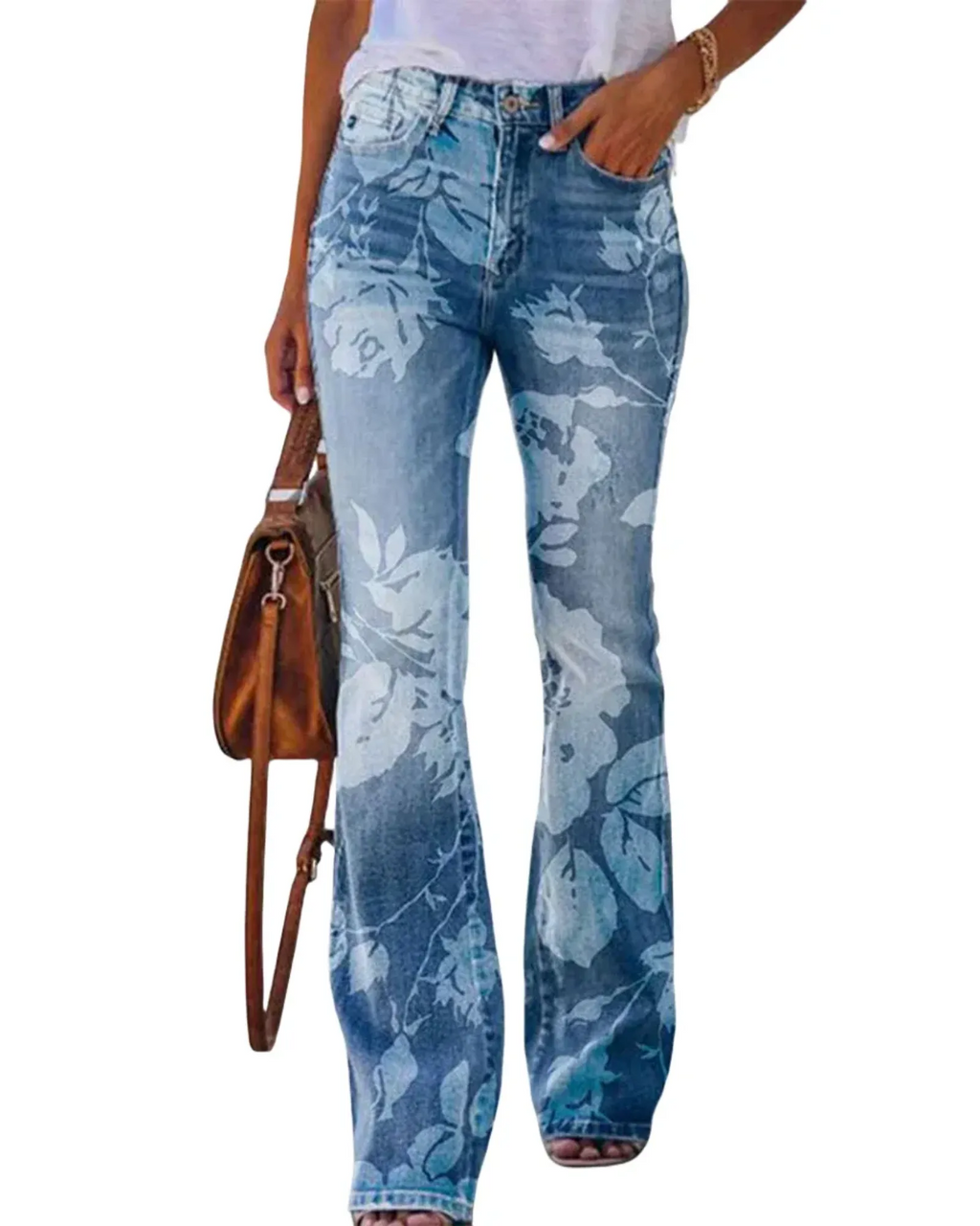 Damen Jeans mit Blumenmuster und hohem Bund für Arbeit & Freizeit