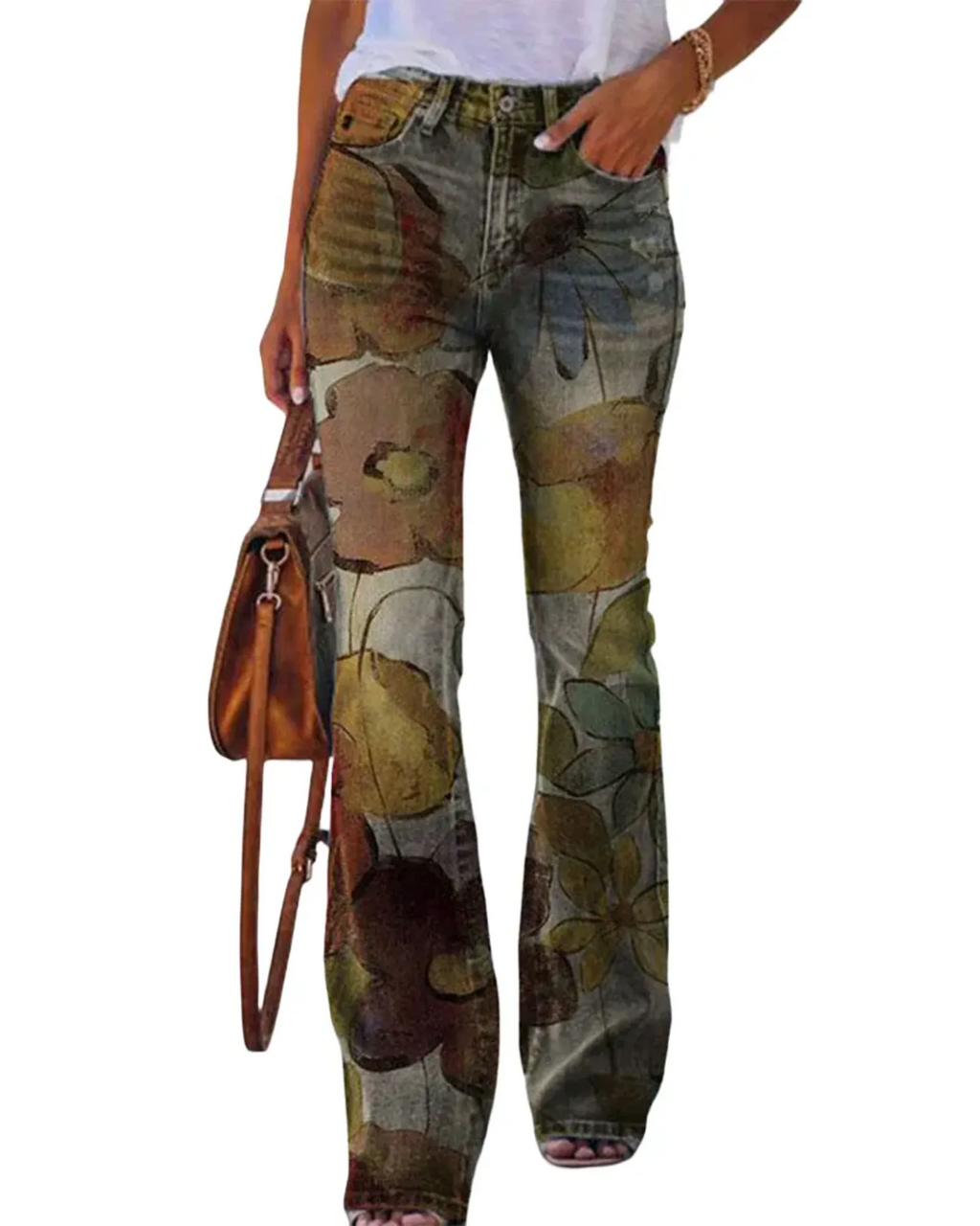 Damen Jeans mit Blumenmuster und hohem Bund für Arbeit & Freizeit