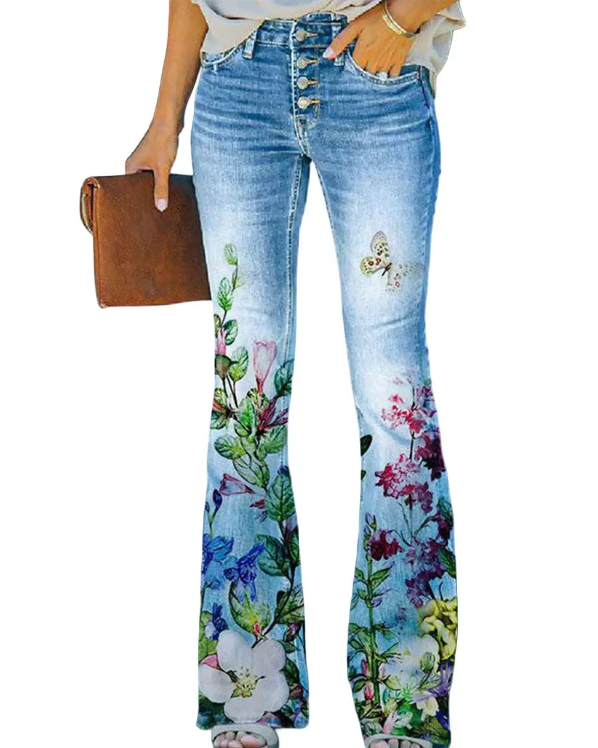Damen Jeans mit Blumenmuster und hohem Bund für Arbeit & Freizeit
