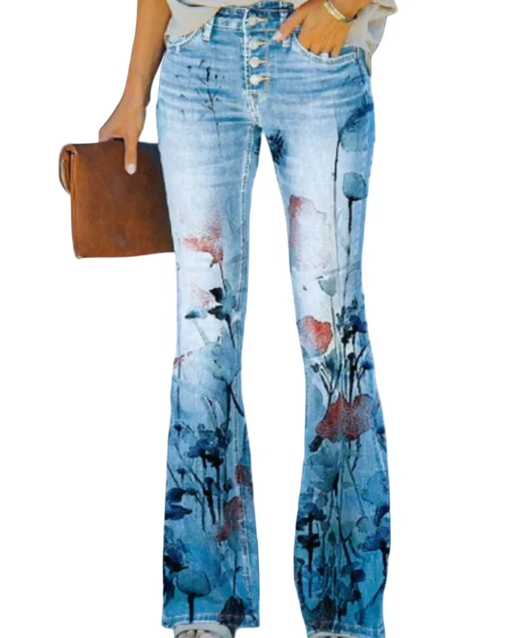 Damen Jeans mit Blumenmuster und hohem Bund für Arbeit & Freizeit