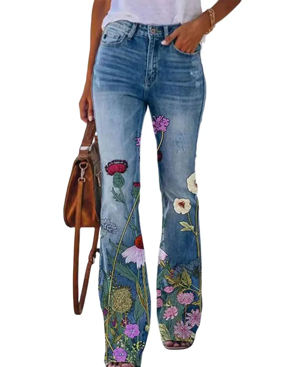 Damen Jeans mit Blumenmuster und hohem Bund für Arbeit & Freizeit