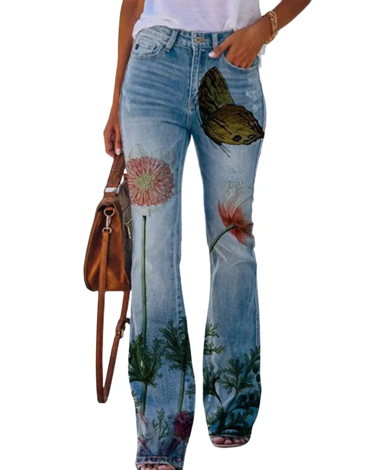 Damen Jeans mit Blumenmuster und hohem Bund für Arbeit & Freizeit