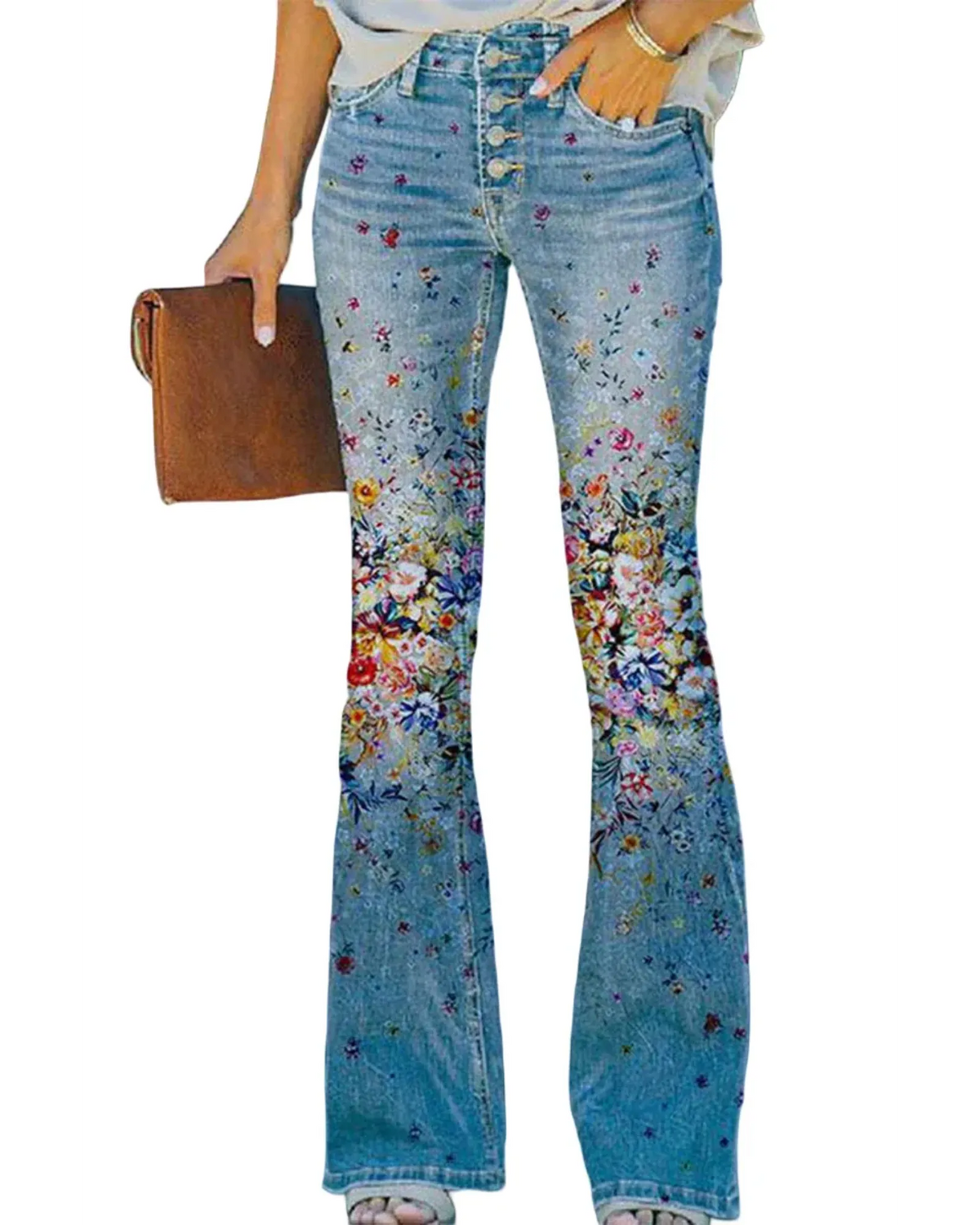 Damen Jeans mit Blumenmuster und hohem Bund für Arbeit & Freizeit