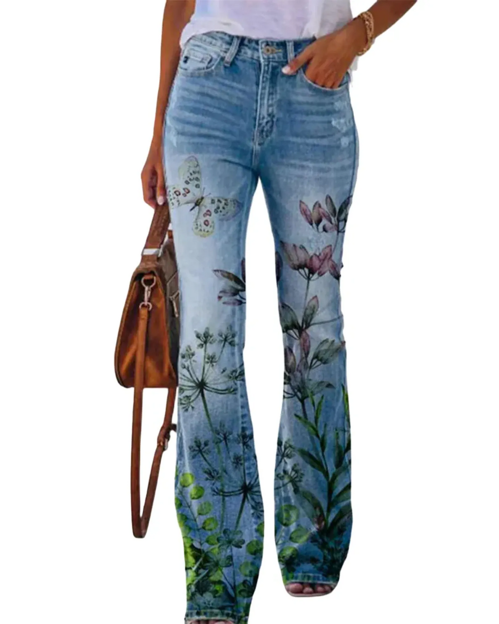 Damen Jeans mit Blumenmuster und hohem Bund für Arbeit & Freizeit
